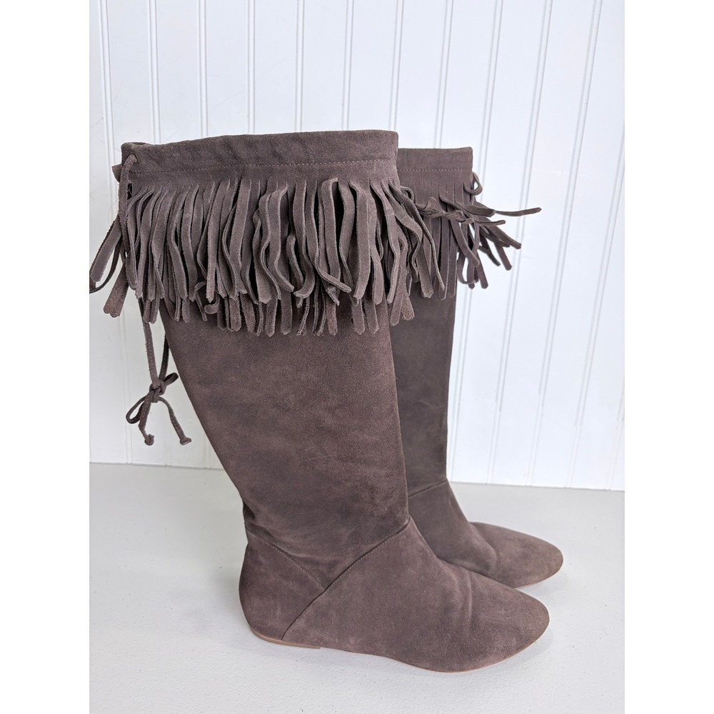 Daniblack‎ Chocolate Taupe Suede Fringe Collar Tall Boot Flat Boho 8M Festival